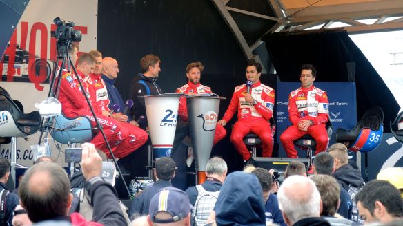 Nelson being interviewed with his Rebellion Racing team mates during Le Mans scrutineering.